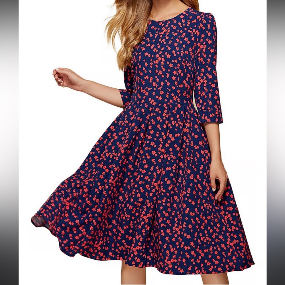 Chic Long Sleeve Navy and Red Floral Dress